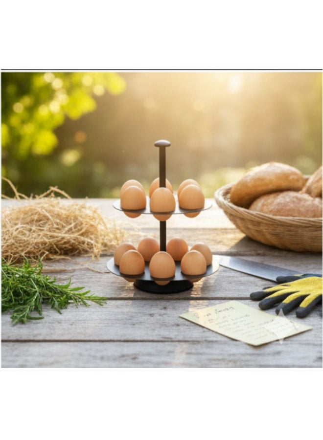 حامل بيض معدني مزدوج الطبقات غير دوار - منظم تخزين بيض دائري موفر للمساحة لسطح المطبخ أو الثلاجة - يتسع لـ 12 بيضة - تصميم أسود أنيق - Image 3